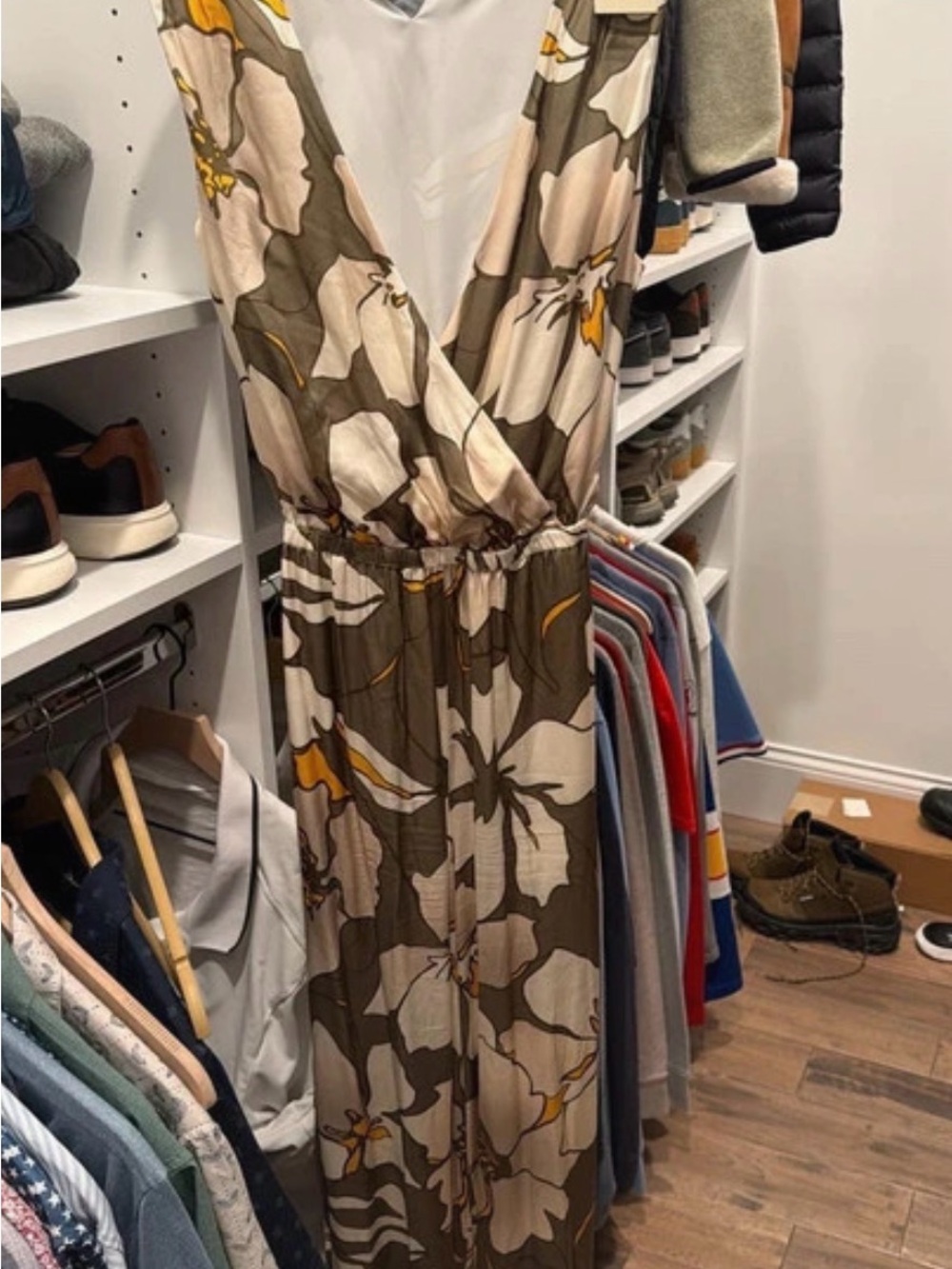 Ramy Brook Olive Floral Wrap Maxi Jumpsuit with Cream and Yellow Accents
